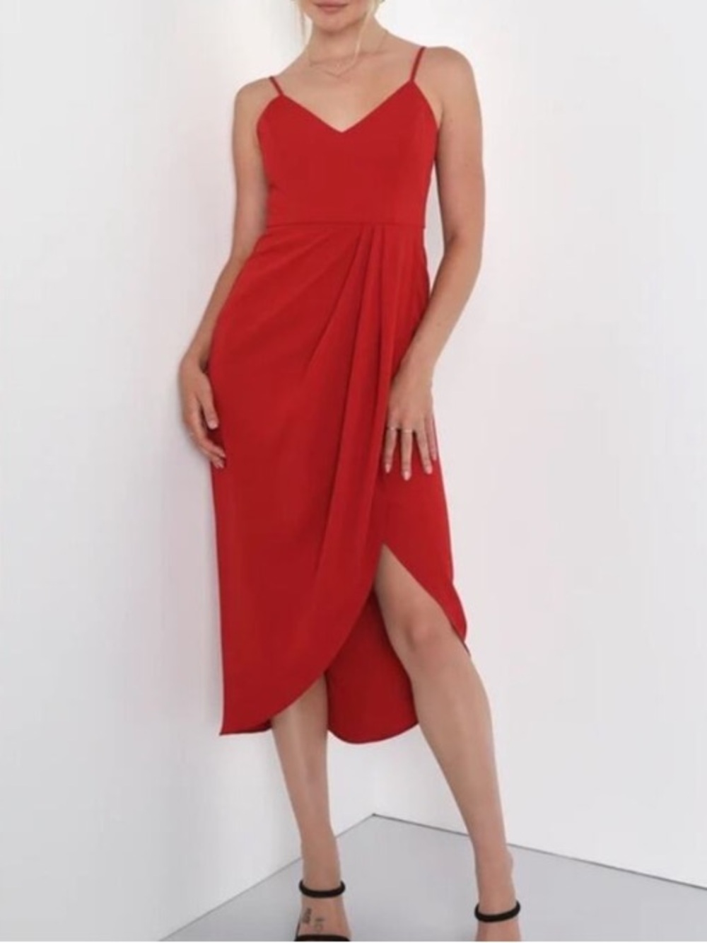 Lulus Reinette Midi Dress Rust Red Burnt Orange Tulip Hem Evening Cocktail L